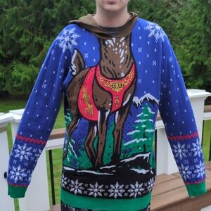 Men's Ugly Christmas Sweater Comet Reindeer With Hood Medium